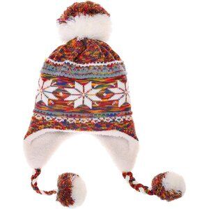 Women Orange Pompom Long Ear Straps Beanie Warm Fleece Lined Ski Hats Cap